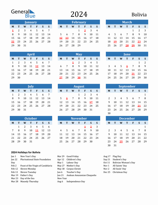 Printable Calendar 2024 with Bolivia Holidays (Monday Start)