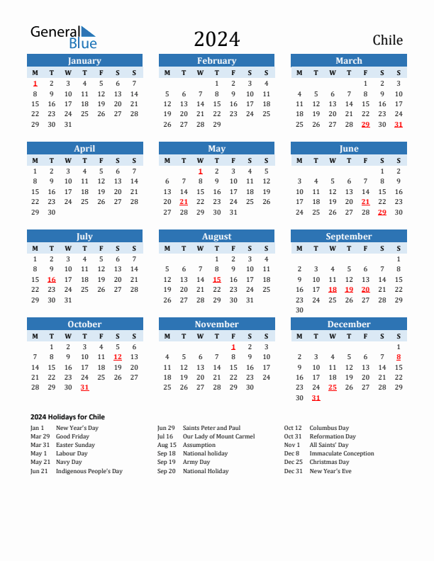 Printable Calendar 2024 with Chile Holidays (Monday Start)