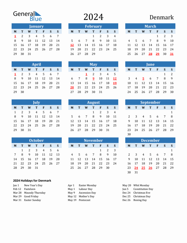 Printable Calendar 2024 with Denmark Holidays (Monday Start)