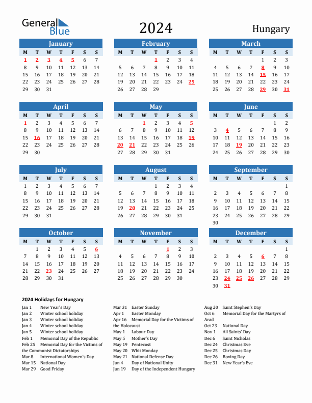 Printable Calendar 2024 with Hungary Holidays (Monday Start)