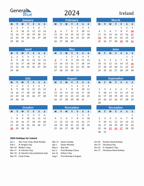 Printable Calendar 2024 with Ireland Holidays (Monday Start)