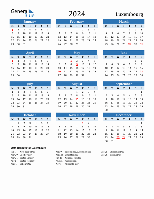 Printable Calendar 2024 with Luxembourg Holidays (Monday Start)