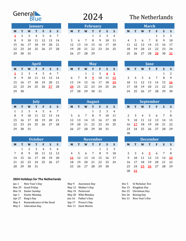 Printable Calendar 2024 with The Netherlands Holidays (Monday Start)