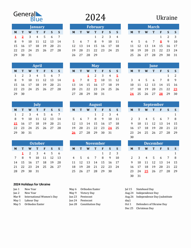 Printable Calendar 2024 with Ukraine Holidays (Monday Start)