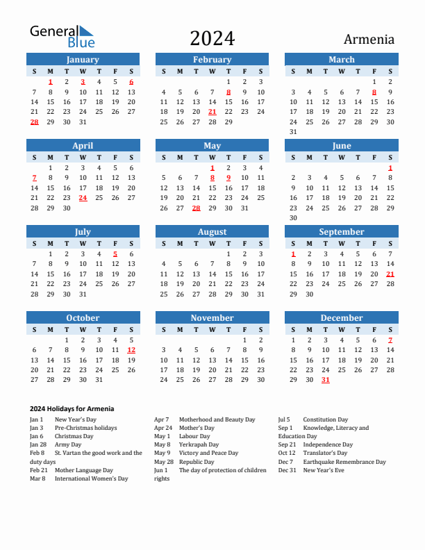 Printable Calendar 2024 with Armenia Holidays (Sunday Start)