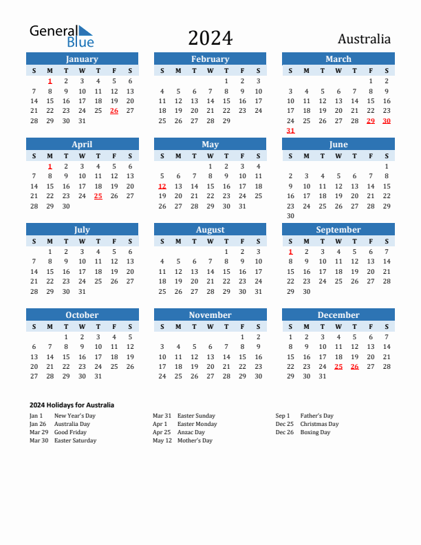 Printable Calendar 2024 with Australia Holidays (Sunday Start)