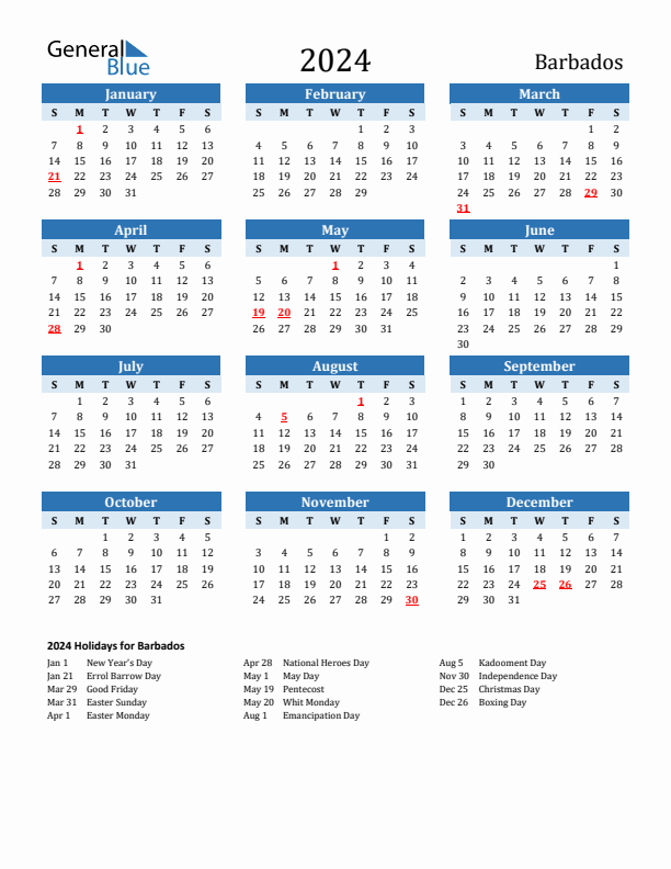 Printable Calendar 2024 with Barbados Holidays (Sunday Start)