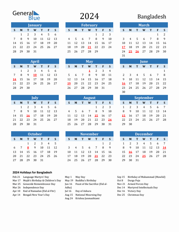 Printable Calendar 2024 with Bangladesh Holidays (Sunday Start)