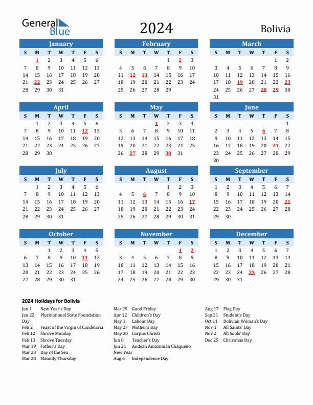 Printable Calendar 2024 with Bolivia Holidays (Sunday Start)