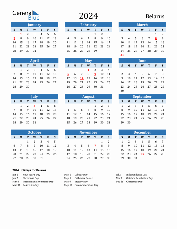 Printable Calendar 2024 with Belarus Holidays (Sunday Start)