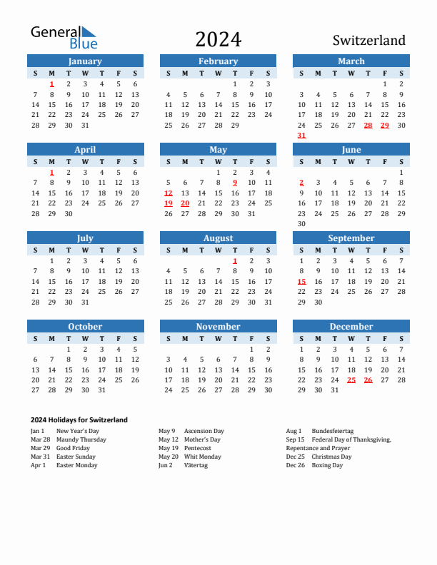 Printable Calendar 2024 with Switzerland Holidays (Sunday Start)