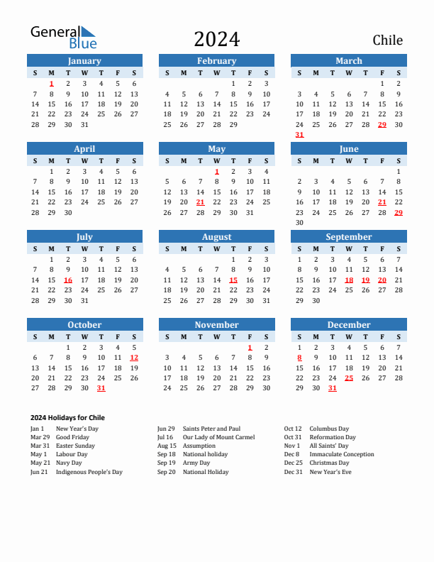 Printable Calendar 2024 with Chile Holidays (Sunday Start)