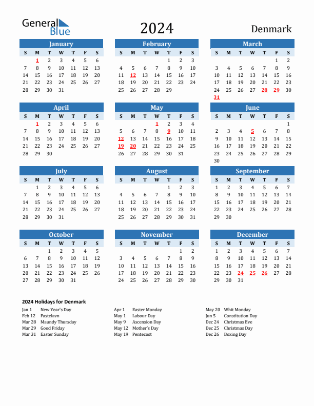 Printable Calendar 2024 with Denmark Holidays (Sunday Start)