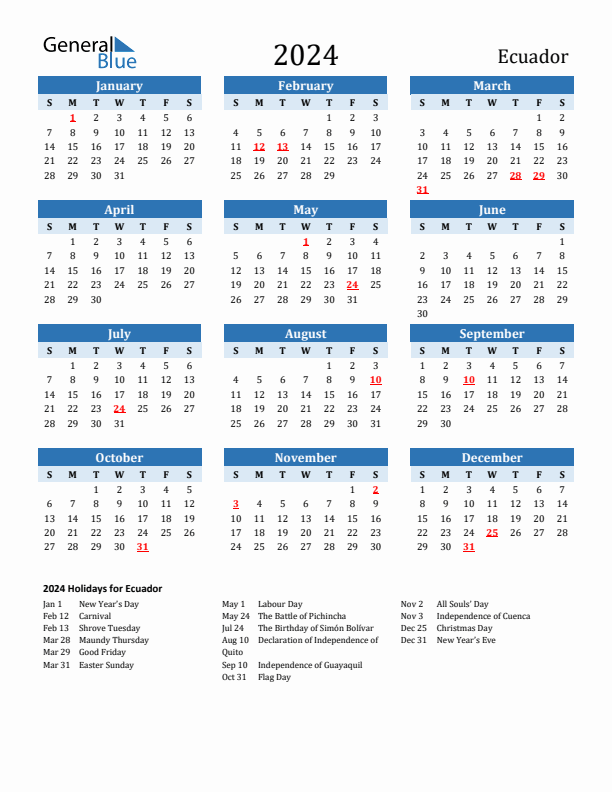 Printable Calendar 2024 with Ecuador Holidays (Sunday Start)