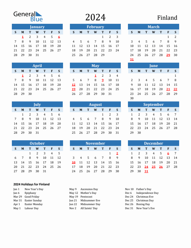 Printable Calendar 2024 with Finland Holidays (Sunday Start)