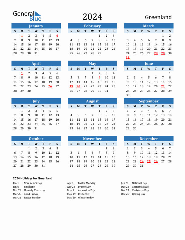 Printable Calendar 2024 with Greenland Holidays (Sunday Start)