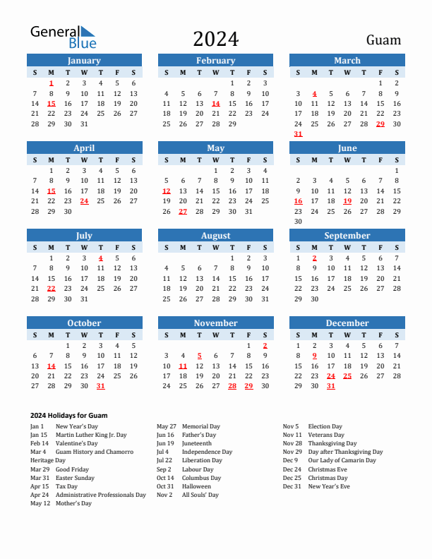 Printable Calendar 2024 with Guam Holidays (Sunday Start)