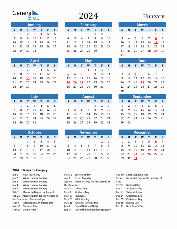 Printable Calendar 2024 with Hungary Holidays (Sunday Start)