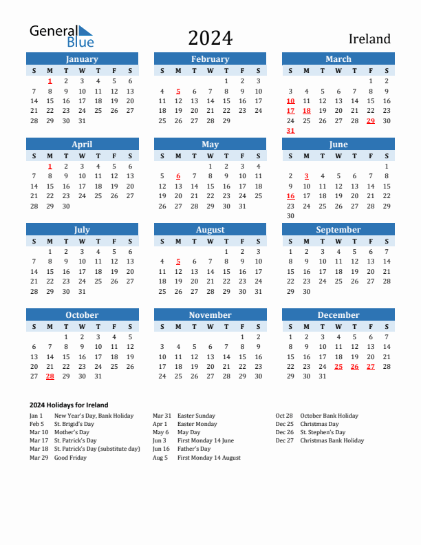 Printable Calendar 2024 with Ireland Holidays (Sunday Start)