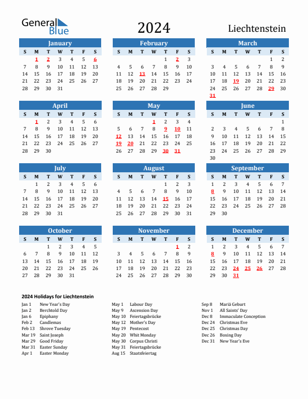 Printable Calendar 2024 with Liechtenstein Holidays (Sunday Start)