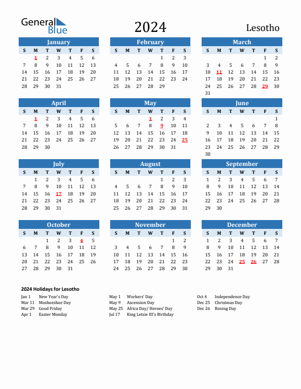 Printable Calendar 2024 with Lesotho Holidays (Sunday Start)