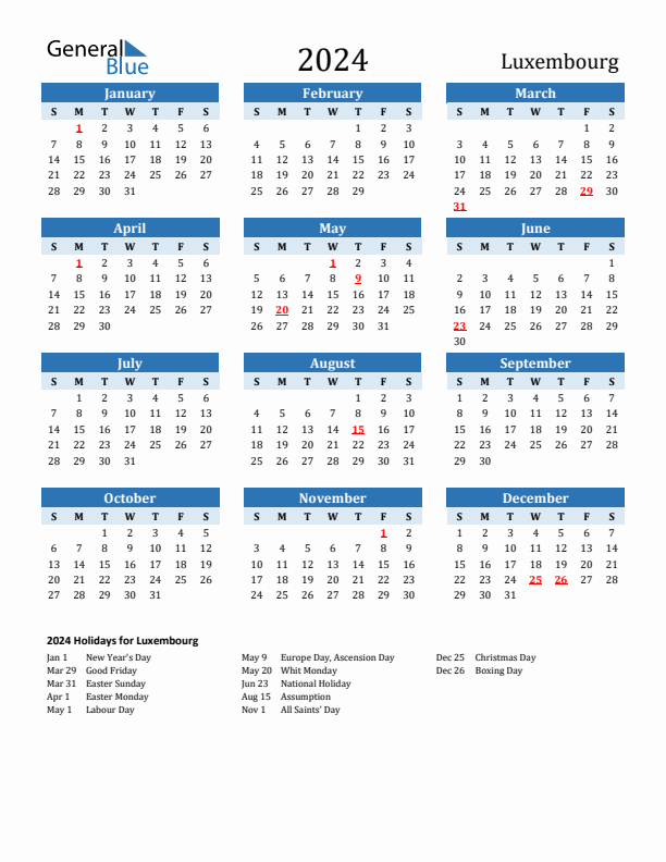 Printable Calendar 2024 with Luxembourg Holidays (Sunday Start)