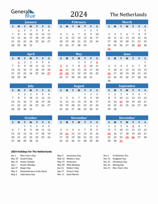 Printable Calendar 2024 with The Netherlands Holidays (Sunday Start)