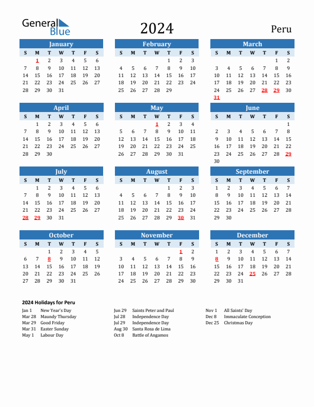 Printable Calendar 2024 with Peru Holidays (Sunday Start)