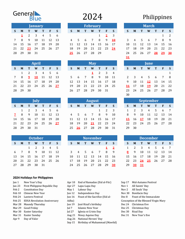 Printable Calendar 2024 with Philippines Holidays (Sunday Start)