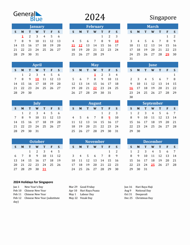 Printable Calendar 2024 with Singapore Holidays (Sunday Start)