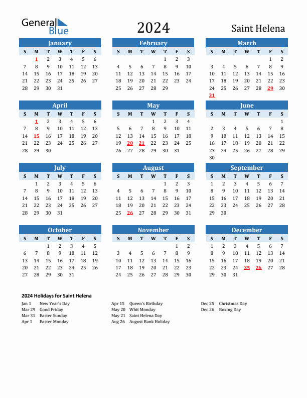 Printable Calendar 2024 with Saint Helena Holidays (Sunday Start)