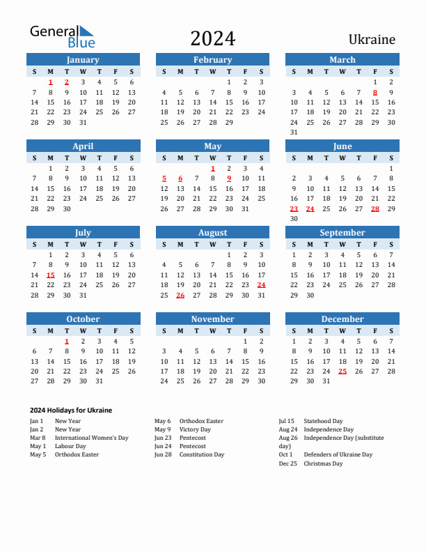 Printable Calendar 2024 with Ukraine Holidays (Sunday Start)