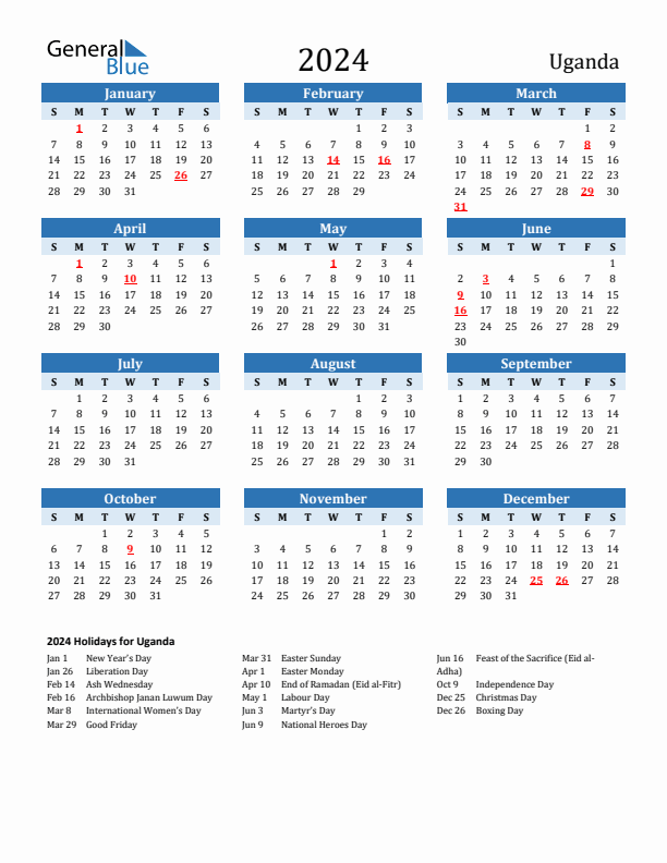 Printable Calendar 2024 with Uganda Holidays (Sunday Start)