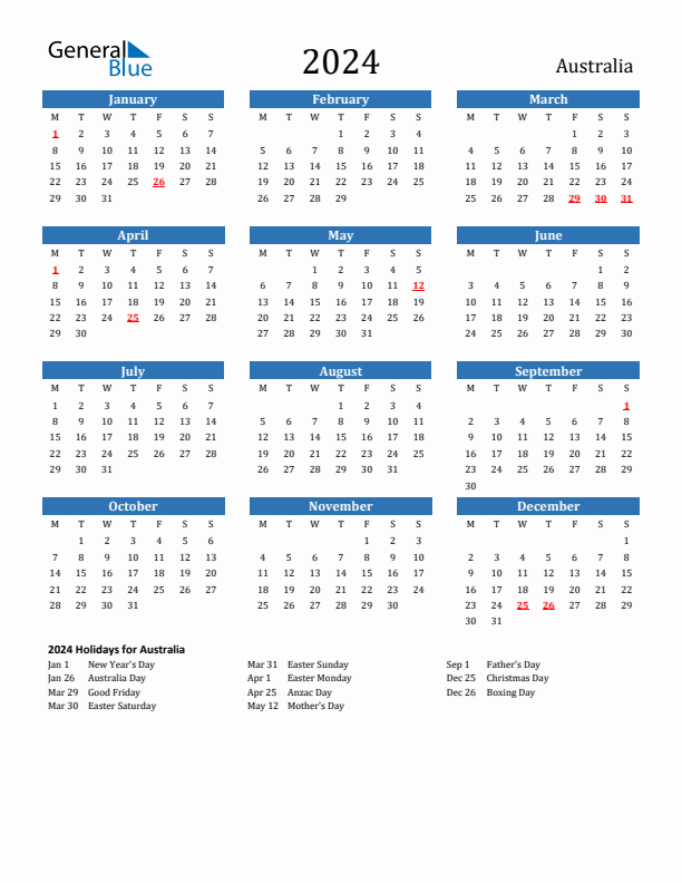 Australia 2024 Calendar with Holidays