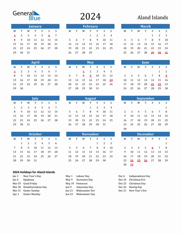 Aland Islands 2024 Calendar with Holidays