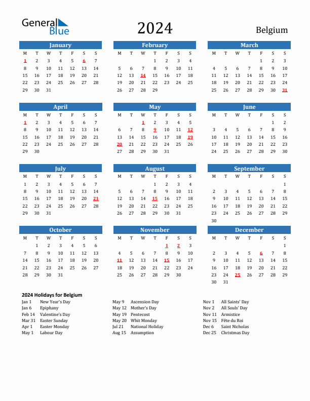 Belgium 2024 Calendar with Holidays