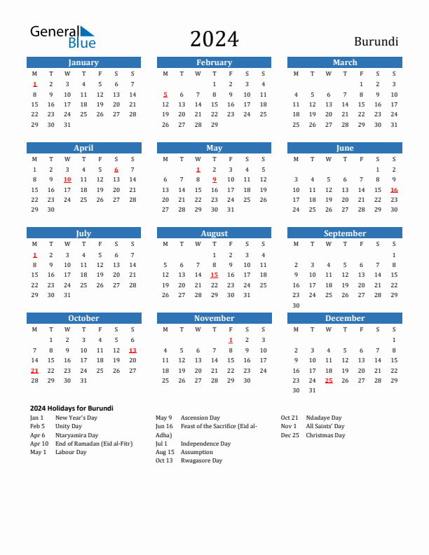 Burundi 2024 Calendar with Holidays