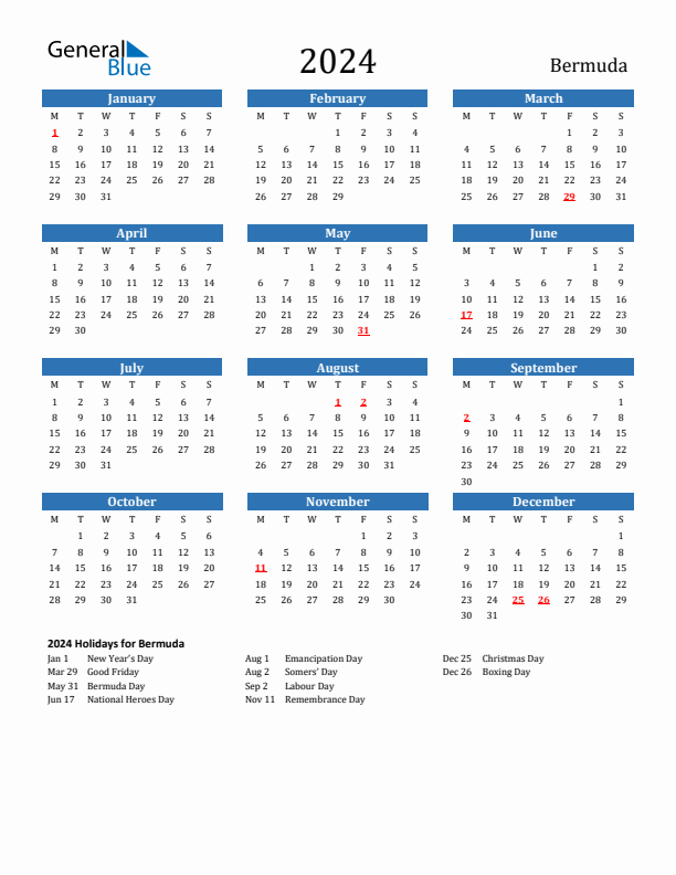 Bermuda 2024 Calendar with Holidays