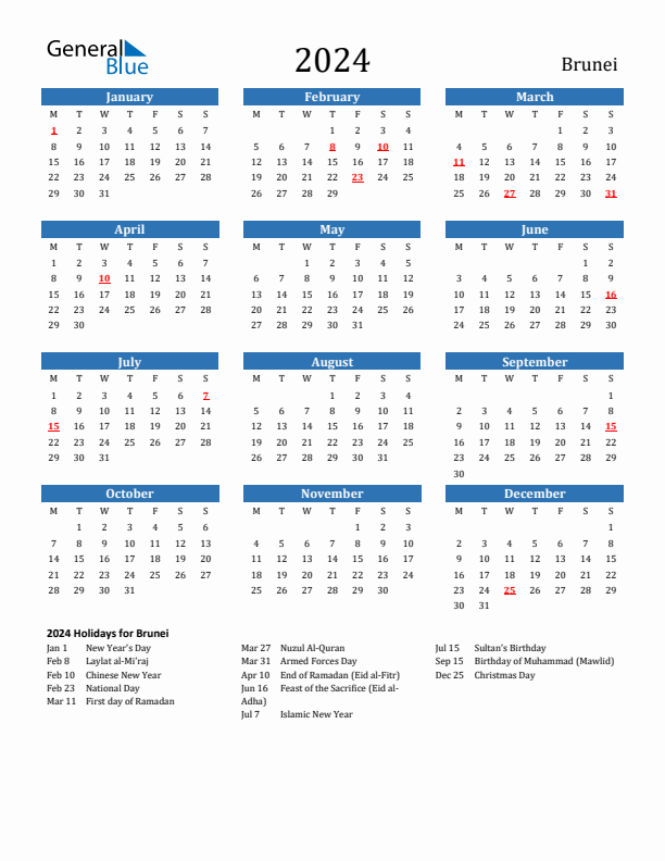 Brunei 2024 Calendar with Holidays