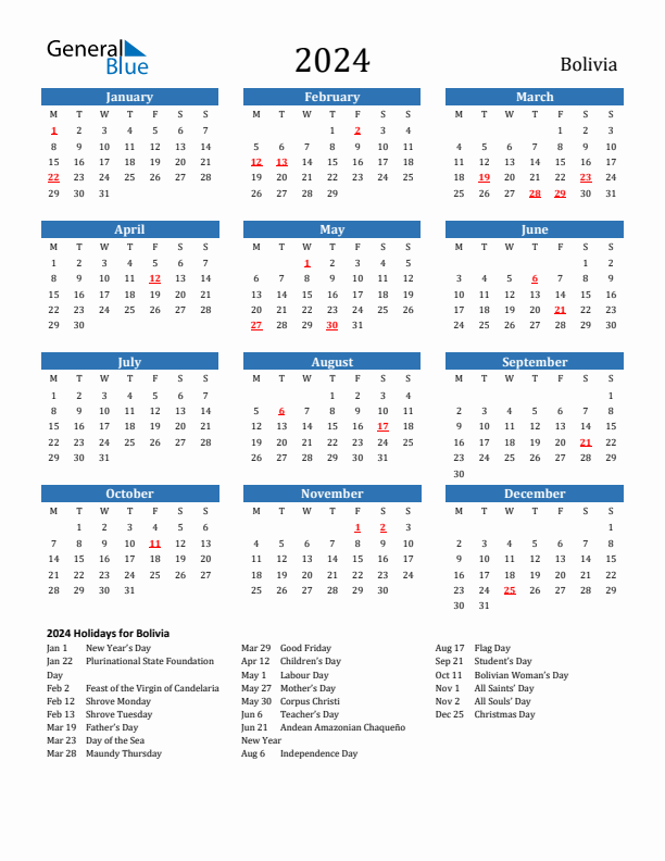 Bolivia 2024 Calendar with Holidays