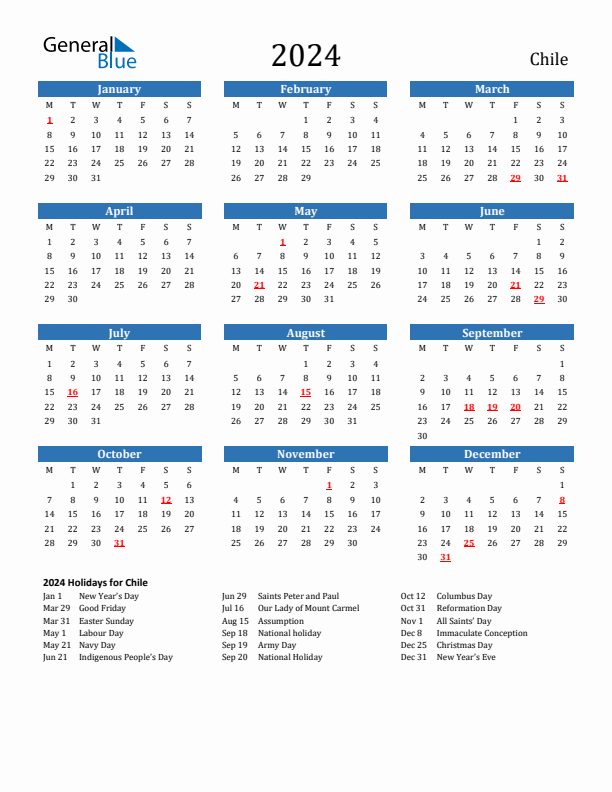 Chile 2024 Calendar with Holidays