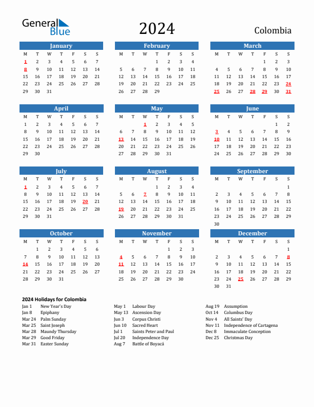 Colombia 2024 Calendar with Holidays