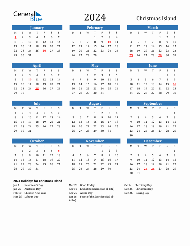 Christmas Island 2024 Calendar with Holidays