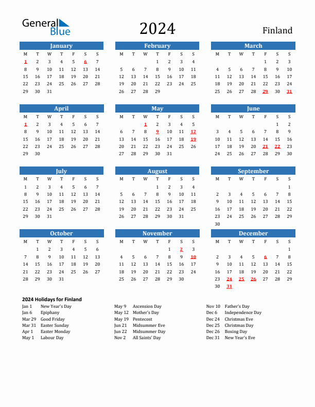 Finland 2024 Calendar with Holidays