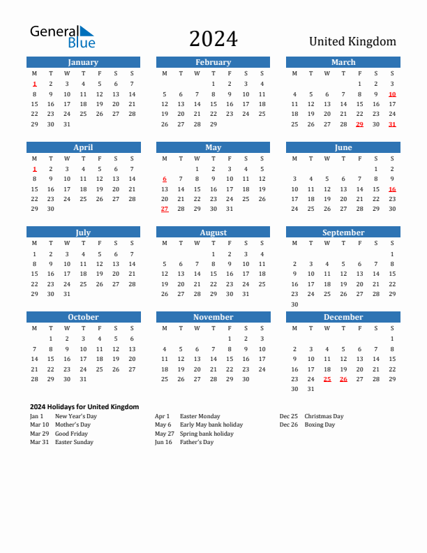 United Kingdom 2024 Calendar with Holidays