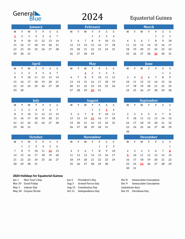 Equatorial Guinea 2024 Calendar with Holidays