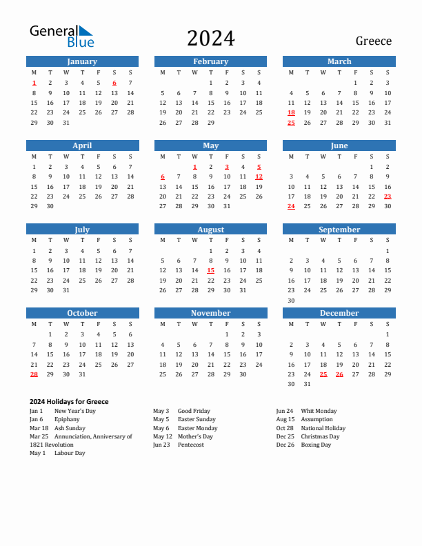 Greece 2024 Calendar with Holidays