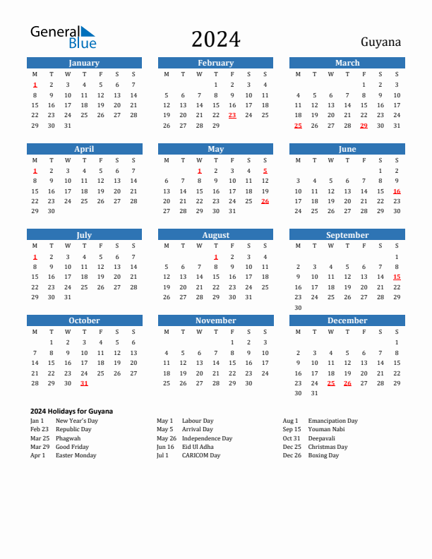 Guyana 2024 Calendar with Holidays