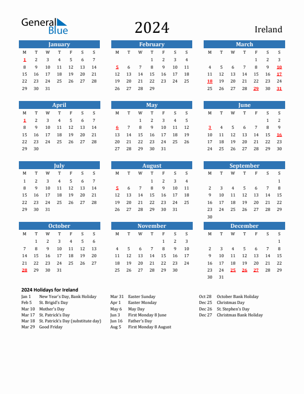 Ireland 2024 Calendar with Holidays