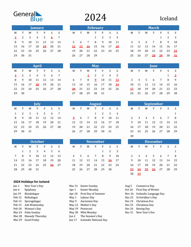 Iceland 2024 Calendar with Holidays